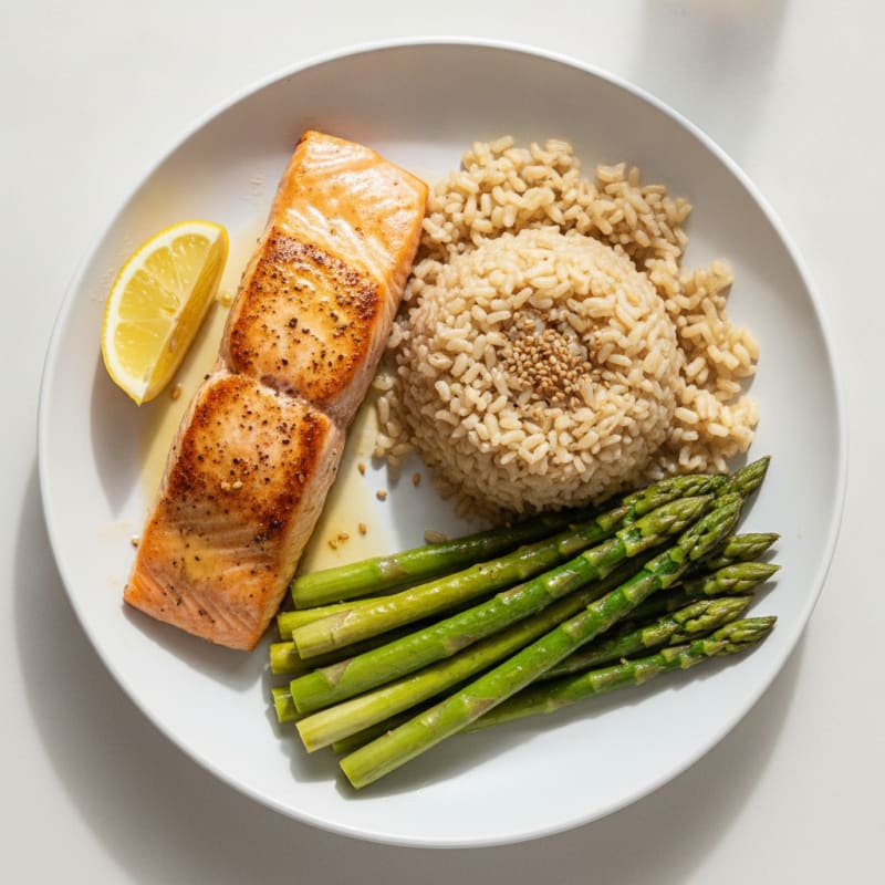 Seared Salmon with Steamed Asparagus and Brown Rice