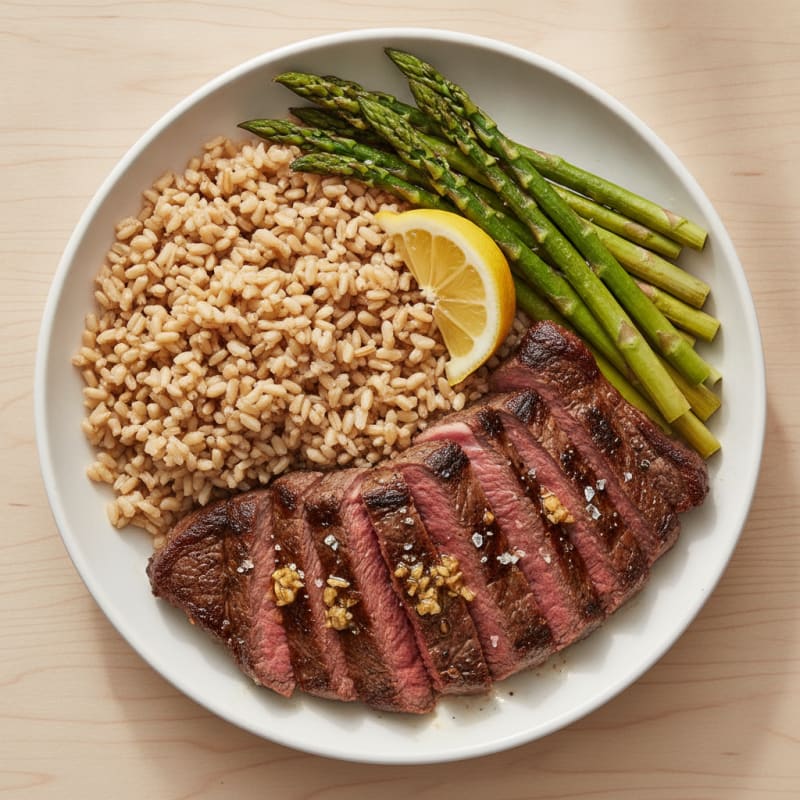 Pan-Seared Steak with Brown Rice and Steamed Asparagus
