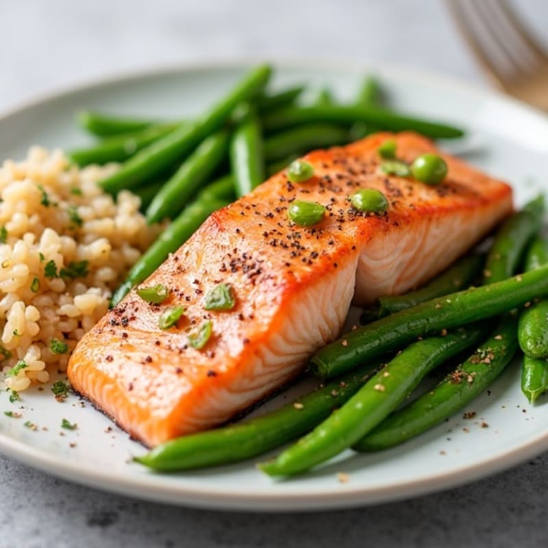 Seared Salmon with Garlic Green Beans, Brown Rice & Edamame Accents