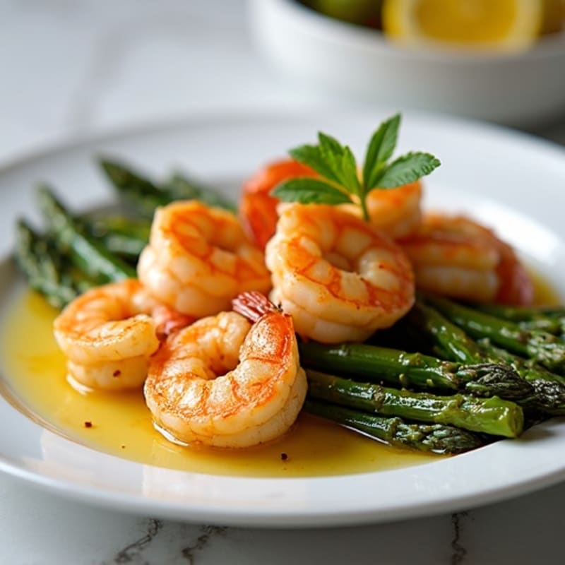 Pan-Seared Garlic Butter Shrimp with Roasted Asparagus and Lemon