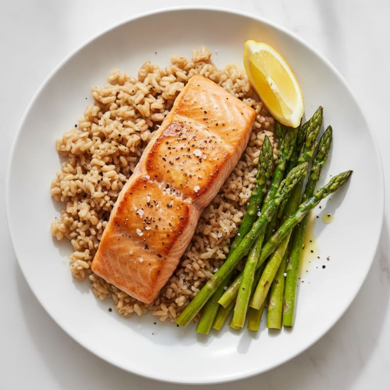 Seared Salmon Fillet with Roasted Asparagus and Brown Rice