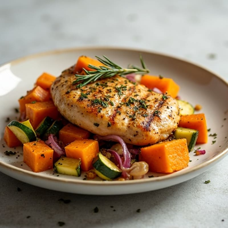 Herb-Roasted Chicken with Sweet Potato Zucchini Hash