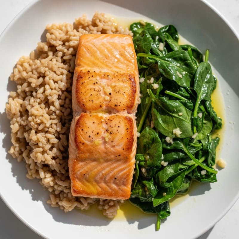 Seared Salmon Fillet with Garlic Spinach and Brown Rice
