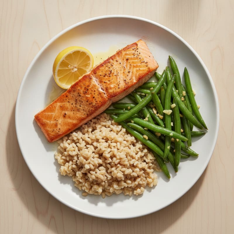 Seared Salmon with Garlic Green Beans and Brown Rice