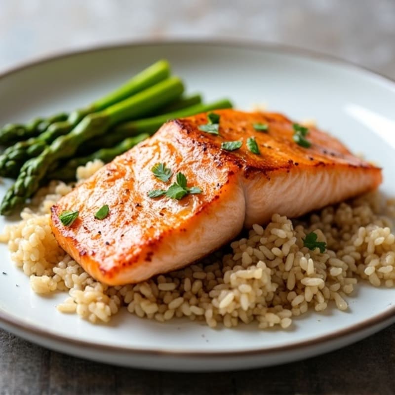 Seared Salmon with Steamed Asparagus and Brown Rice