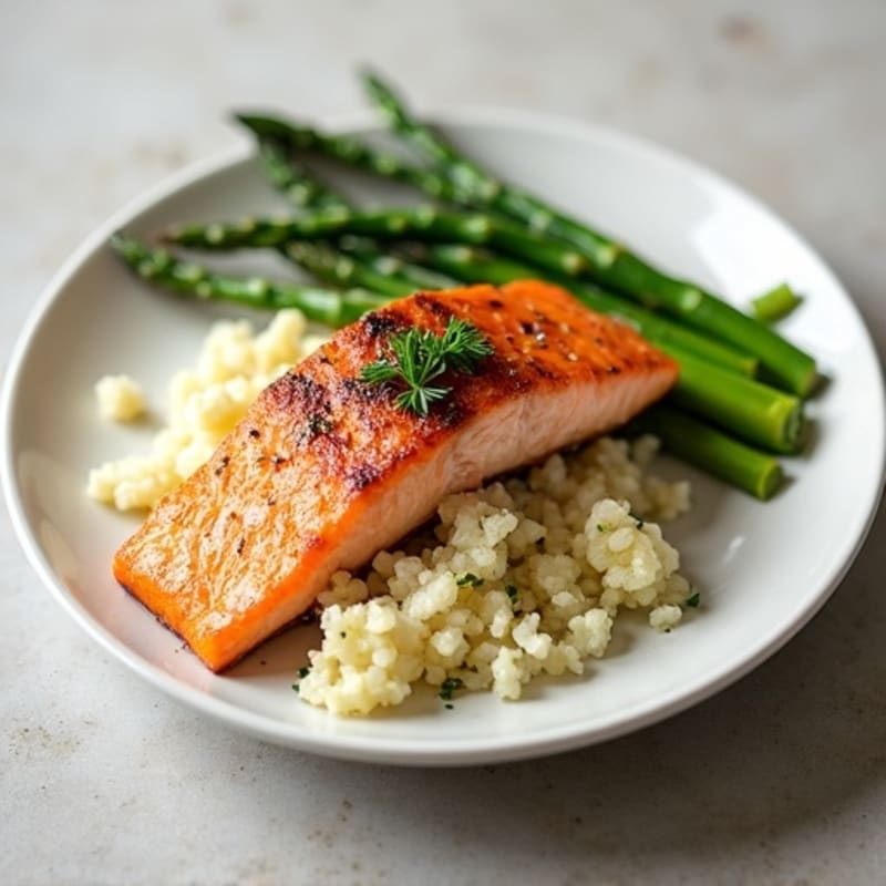 Seared Salmon with Steamed Asparagus and Cauliflower Rice