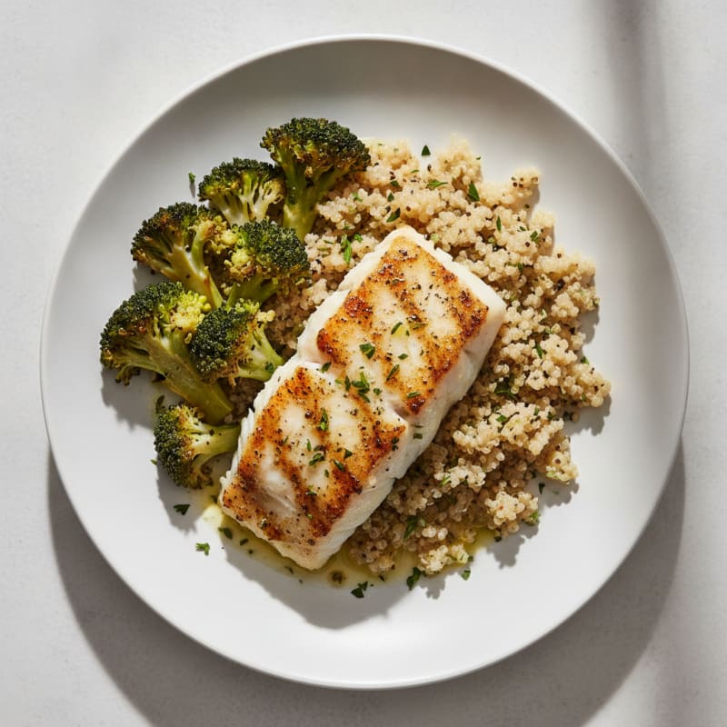 Herb-Grilled Cod with Roasted Broccoli and Quinoa