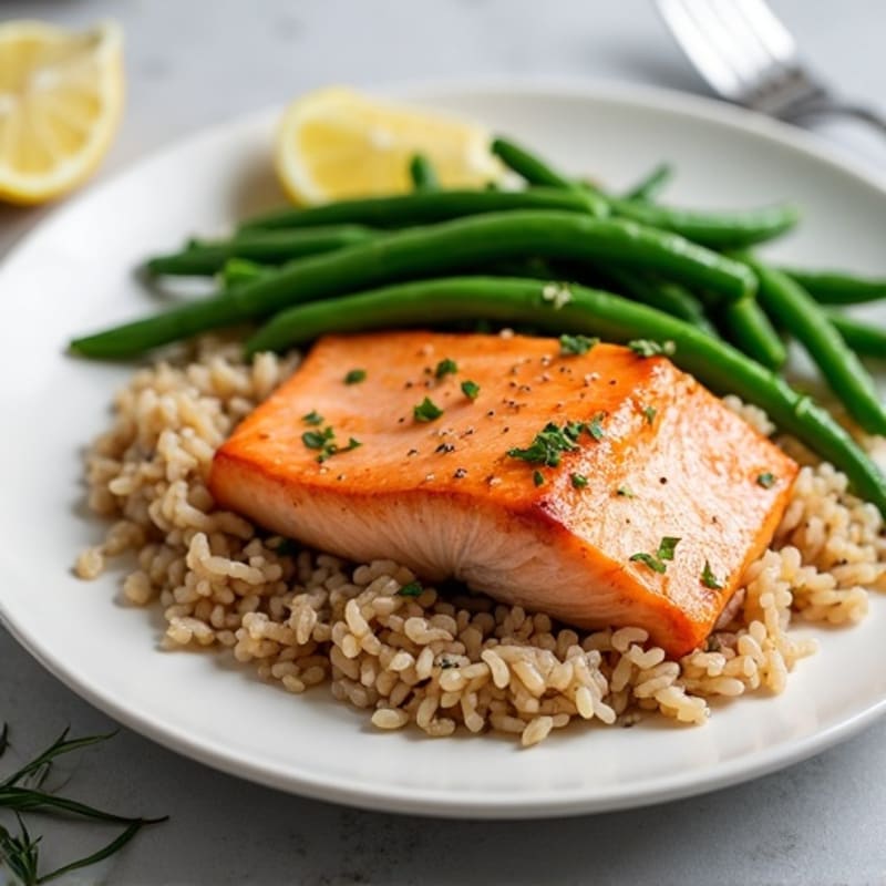 Seared Salmon Fillet with Steamed Green Beans and Brown Rice