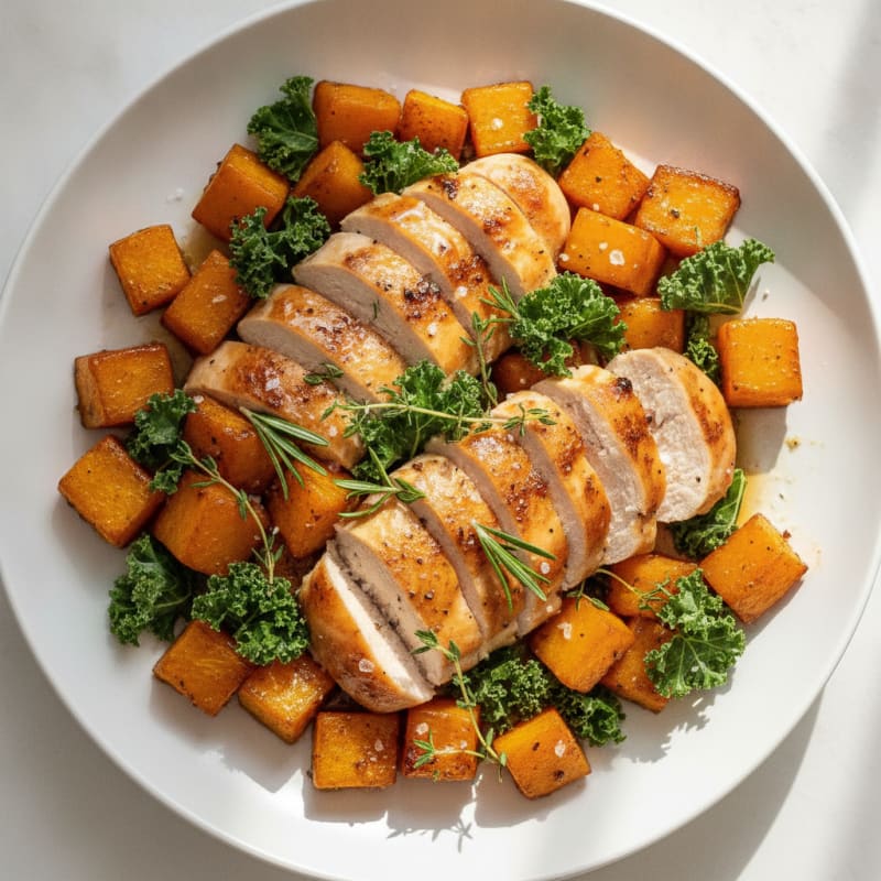 Herb-Roasted Butternut Squash and Chicken with Maple Glaze