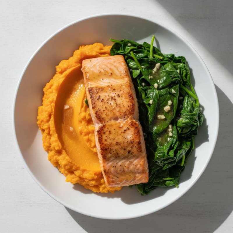 Seared Salmon Fillet with Garlic Spinach and Sweet Potato Mash
