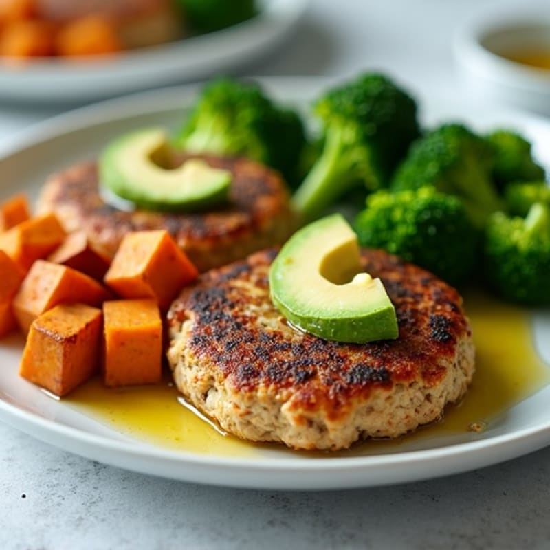 Seared Turkey Patties with Roasted Sweet Potato and Steamed Broccoli