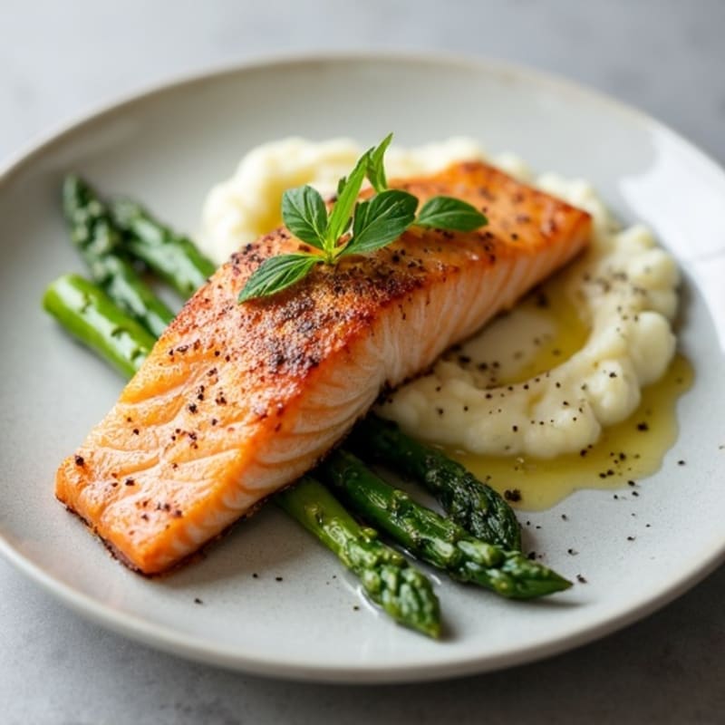 Seared Salmon with Steamed Asparagus and Cauliflower Mash