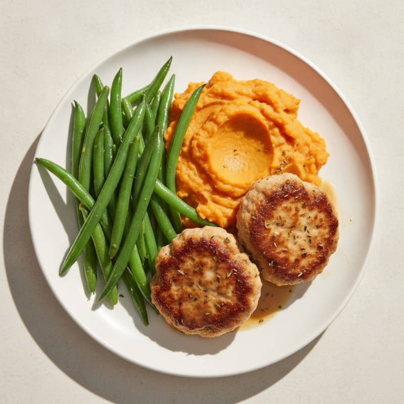 Seared Turkey Patties with Steamed Green Beans and Sweet Potato Mash