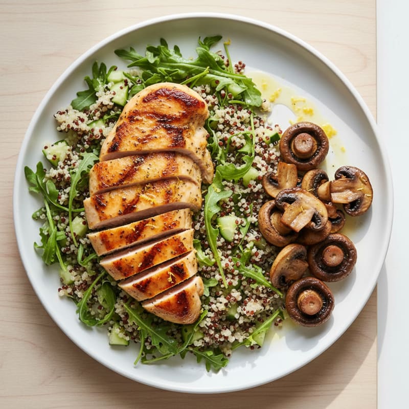 Grilled Chicken Breast with Roasted Mushrooms and Quinoa Salad
