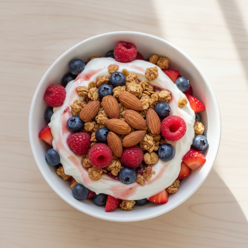 Greek Yogurt Parfait with Mixed Berries and Crunchy Almond Granola