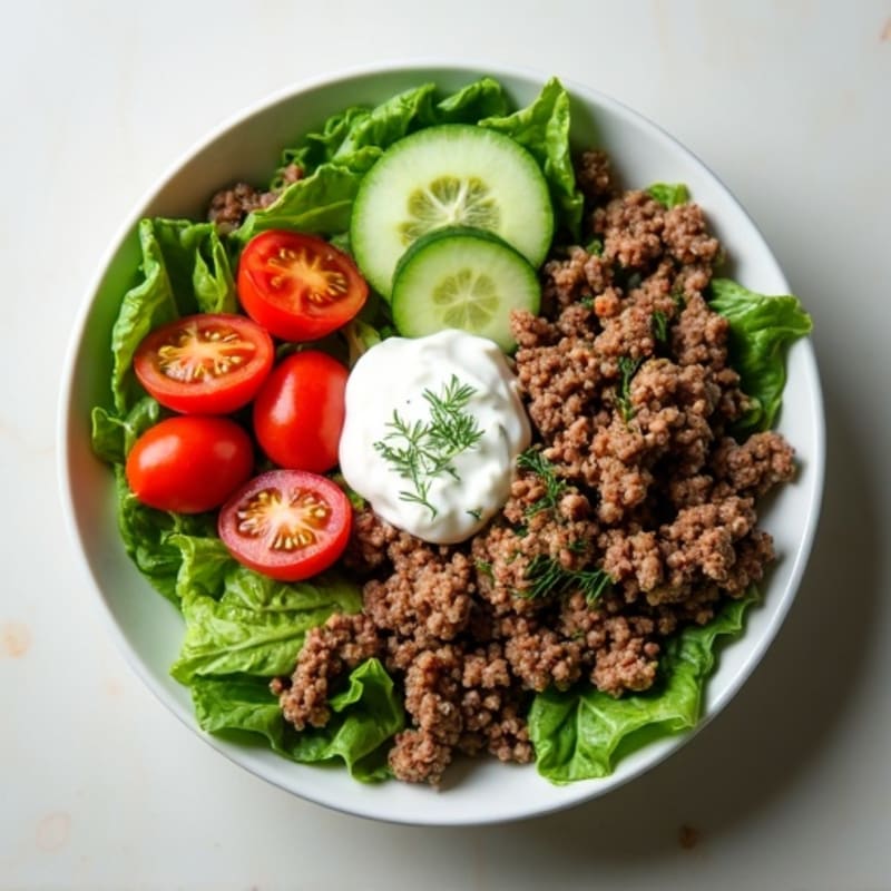 Lean Ground Beef and Crispy Greens Bowl with Creamy Dill Dressing