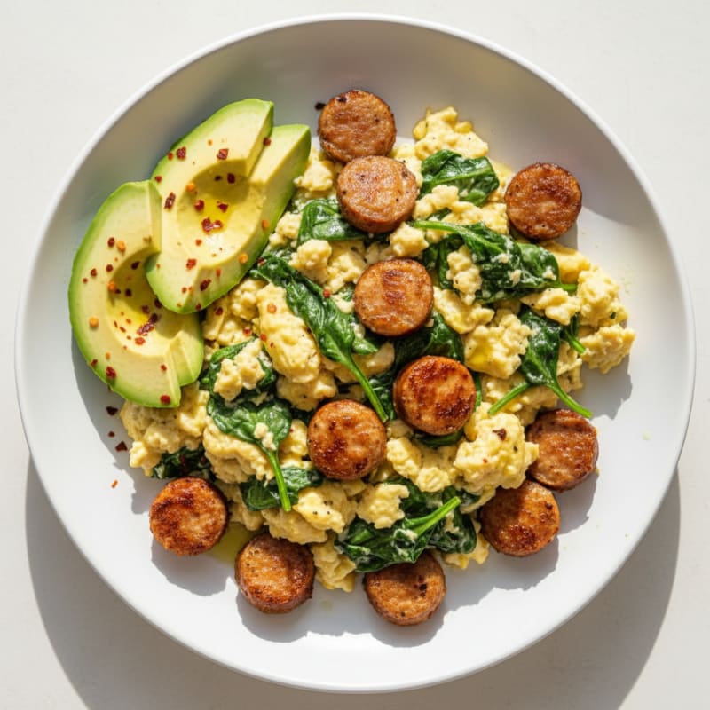 Crispy Chicken Sausage and Spinach Egg Scramble