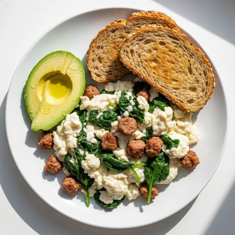 Egg White Scramble with Turkey Sausage and Sautéed Spinach