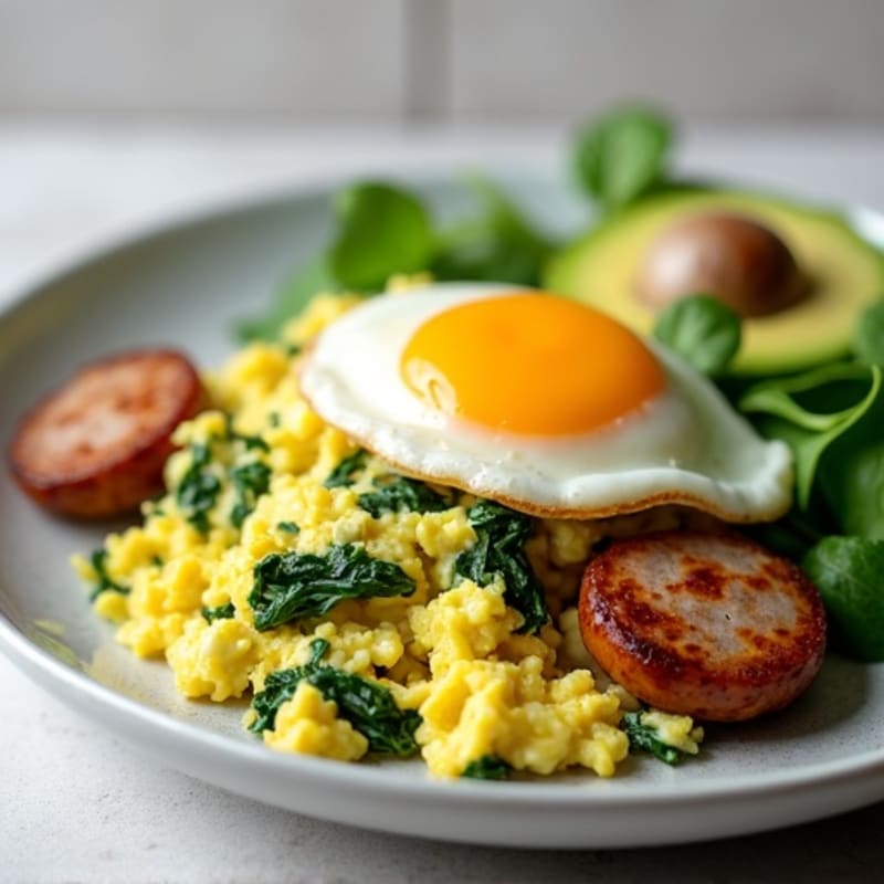 Egg White Scramble with Spinach and Seared Turkey Sausage