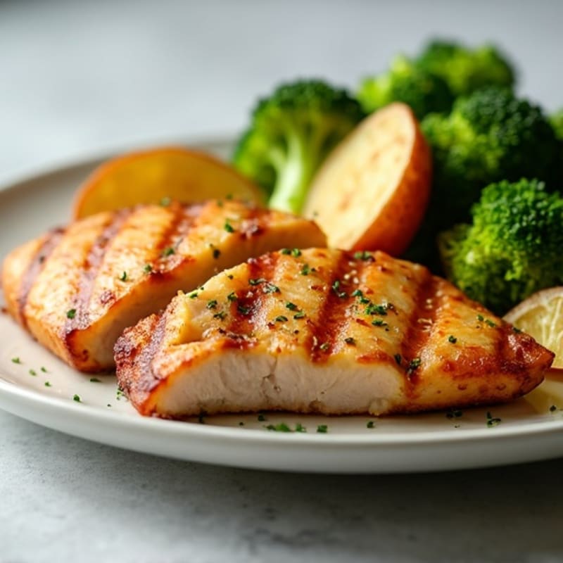 Grilled Turkey Breast with Crispy Potato Wedges and Steamed Broccoli