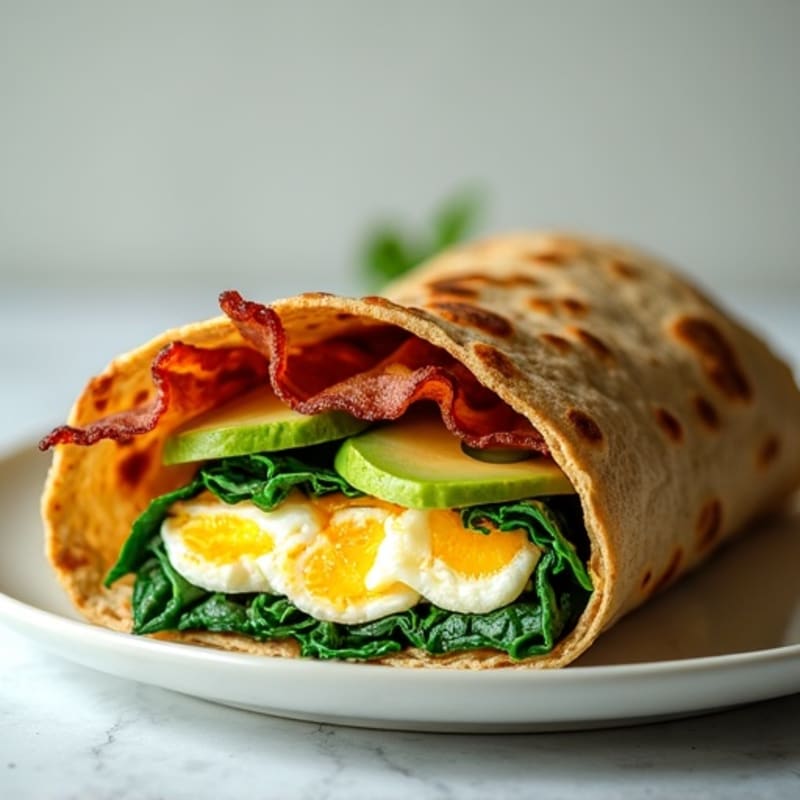 Crispy Turkey Bacon and Egg White Breakfast Wrap with Sautéed Spinach
