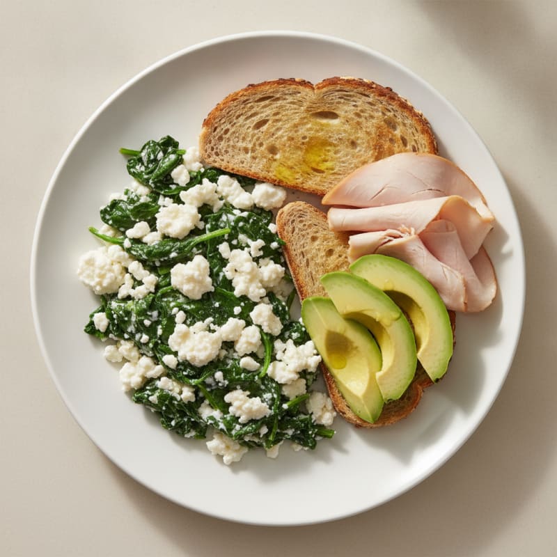 Egg White and Spinach Scramble with Cottage Cheese and Sliced Turkey