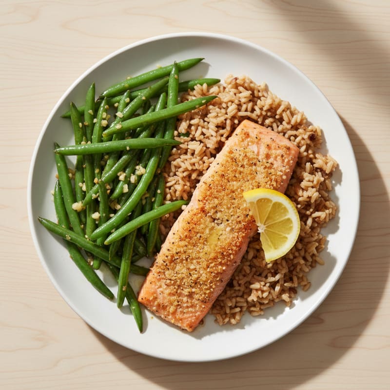 Baked Salmon with Garlic Green Beans and Brown Rice