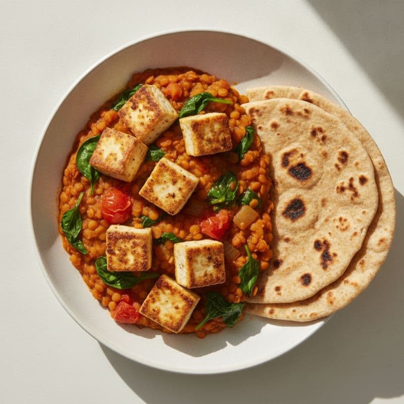 Seared Tofu with Mixed Vegetable Dal and Roti