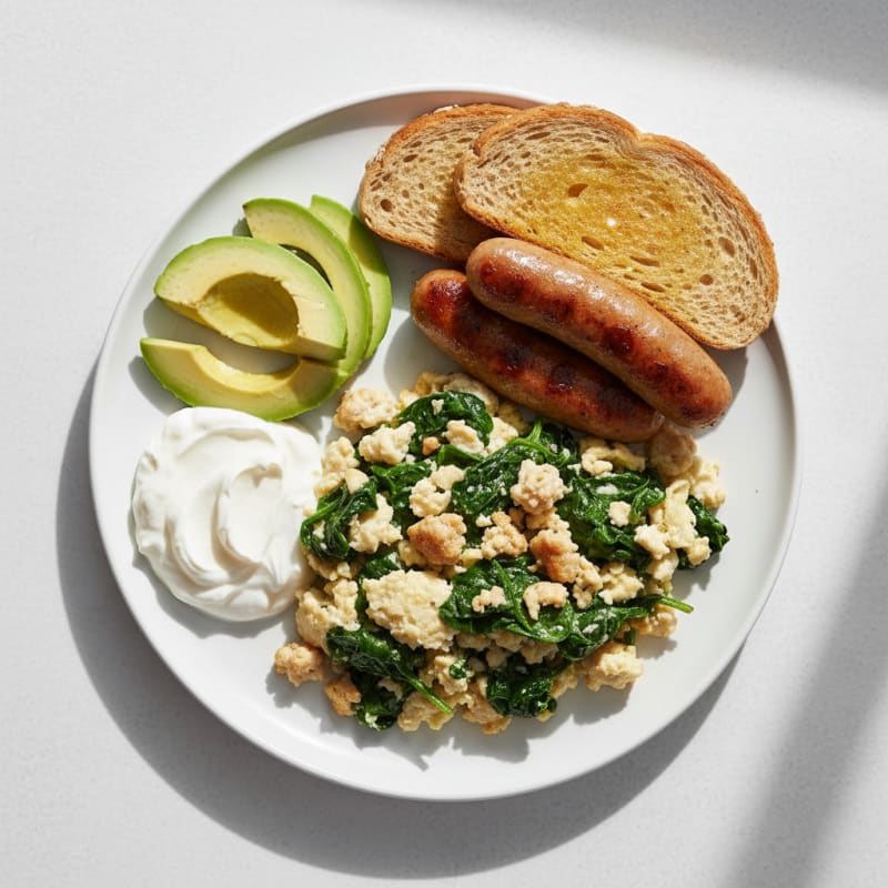 Egg White Spinach Scramble with Turkey Sausage and Greek Yogurt