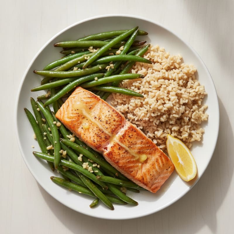 Seared Salmon with Garlic Green Beans and Brown Rice