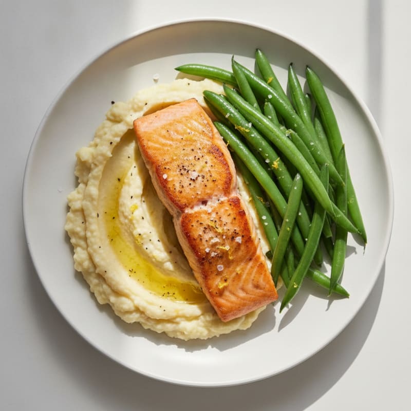 Seared Salmon Fillet with Steamed Green Beans and Garlic Mashed Cauliflower