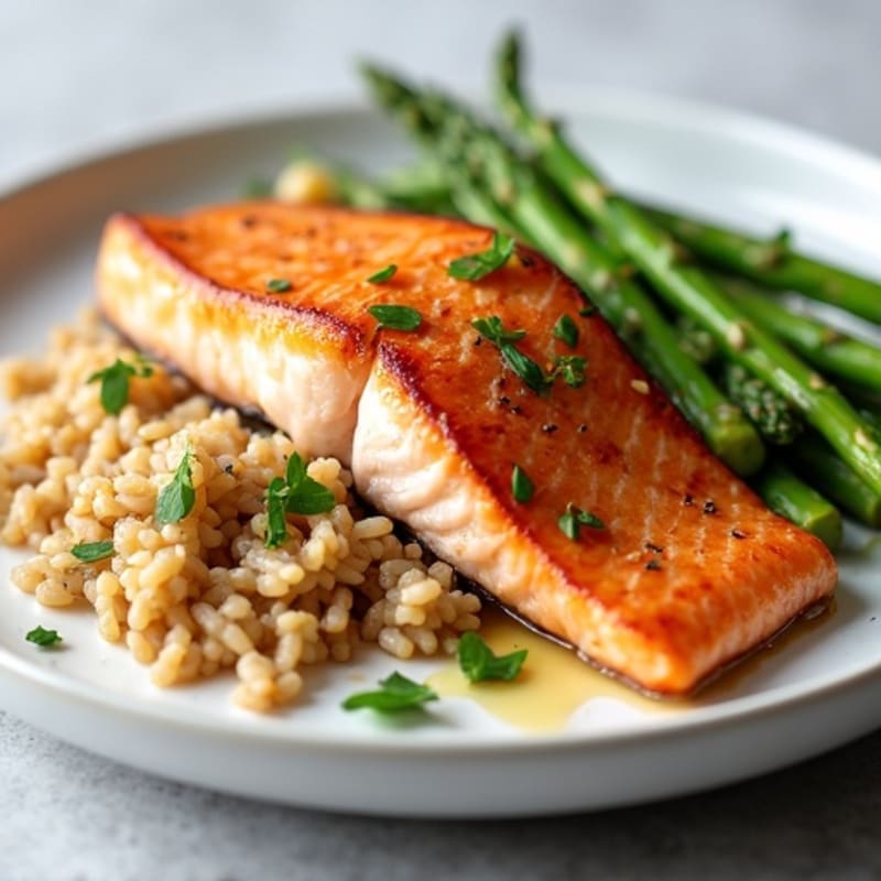 Seared Salmon Fillet with Steamed Asparagus and Brown Rice