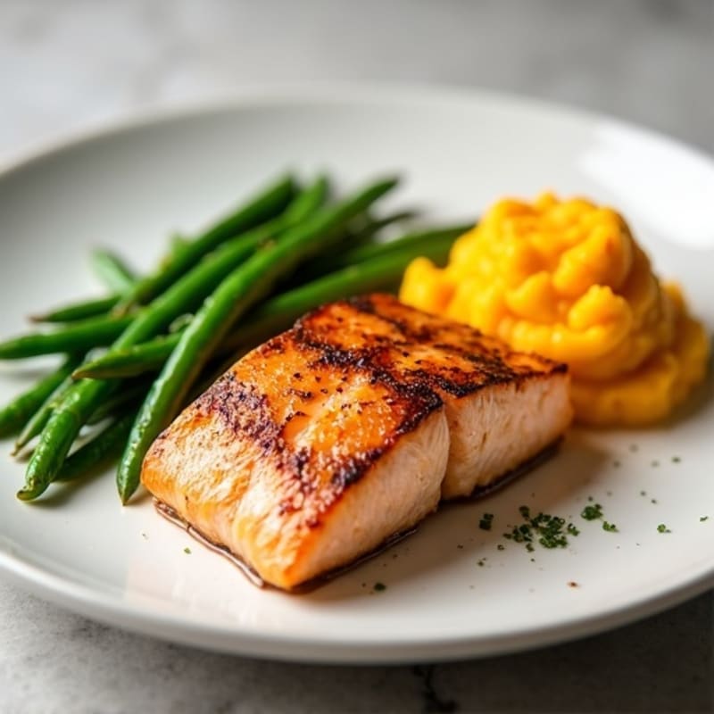 Seared Salmon with Steamed Green Beans and Mashed Sweet Potato