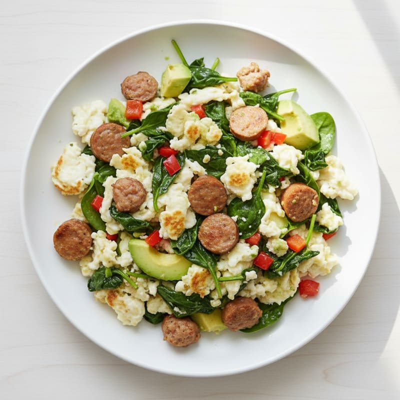Egg White and Turkey Sausage Scramble with Sautéed Spinach