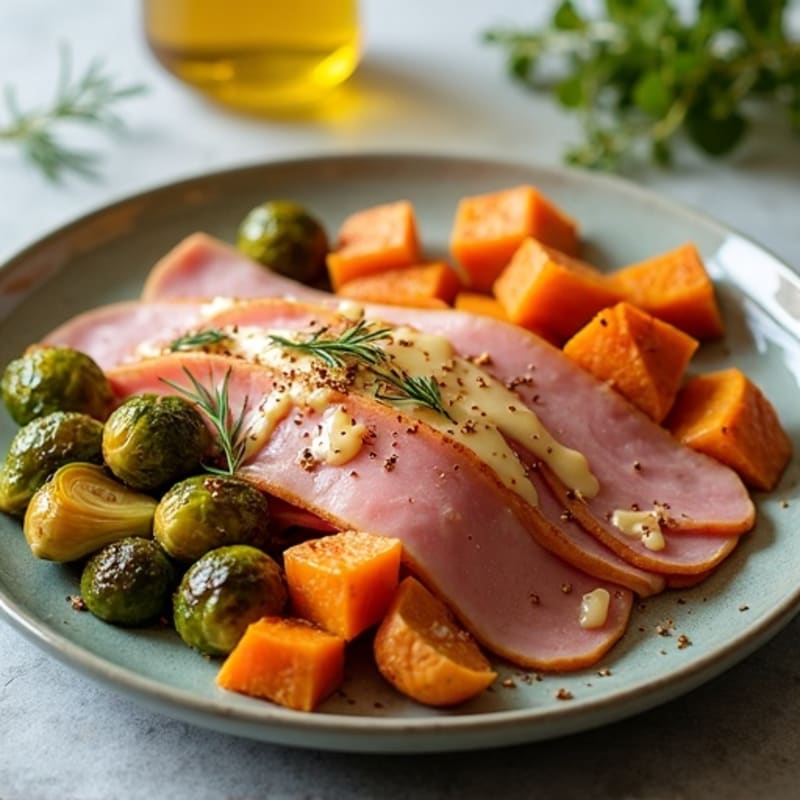 Sheet Pan Ham and Swiss with Roasted Brussels Sprouts and Sweet Potatoes