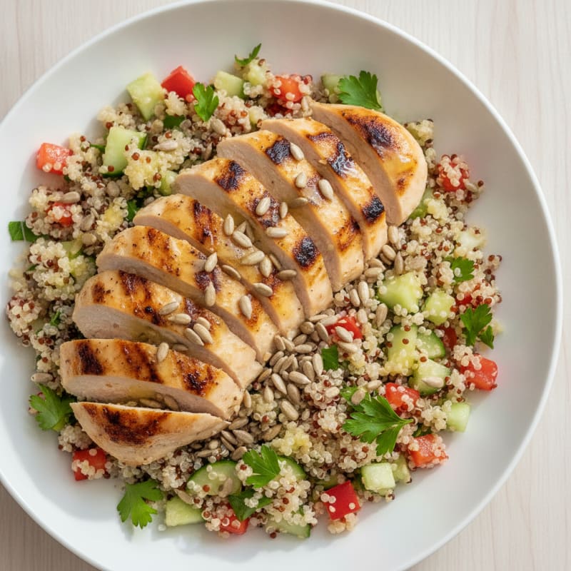 Grilled Chicken Breast with Crunchy Quinoa Salad and Lemon Vinaigrette
