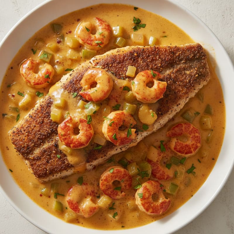 Blackened Redfish with Crawfish Cream Sauce
