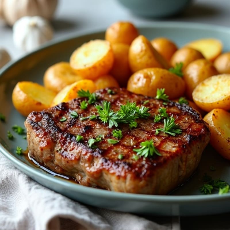 Pan-Seared Steak with Crispy Garlic Herb Roasted Potatoes
