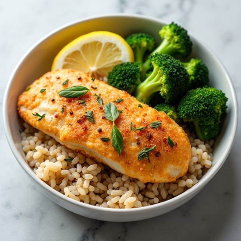 Crispy Lemon Herb Chicken with Fluffy Brown Rice and Roasted Broccoli