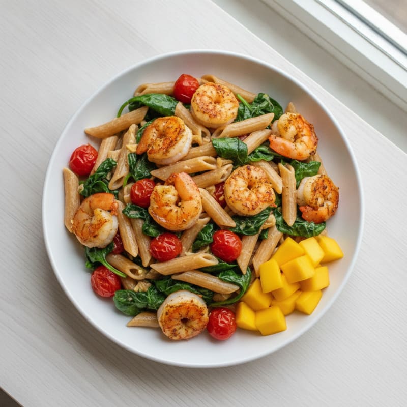 Seared Shrimp Pasta with Spinach and Cherry Tomatoes