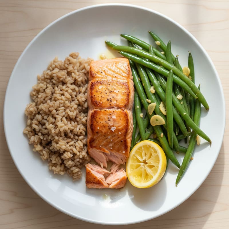 Seared Salmon Fillet with Brown Rice and Garlic Green Beans