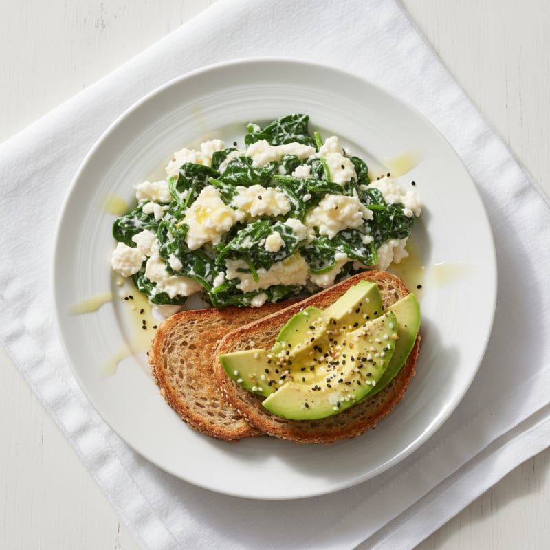 Egg White and Cottage Cheese Scramble with Sautéed Spinach