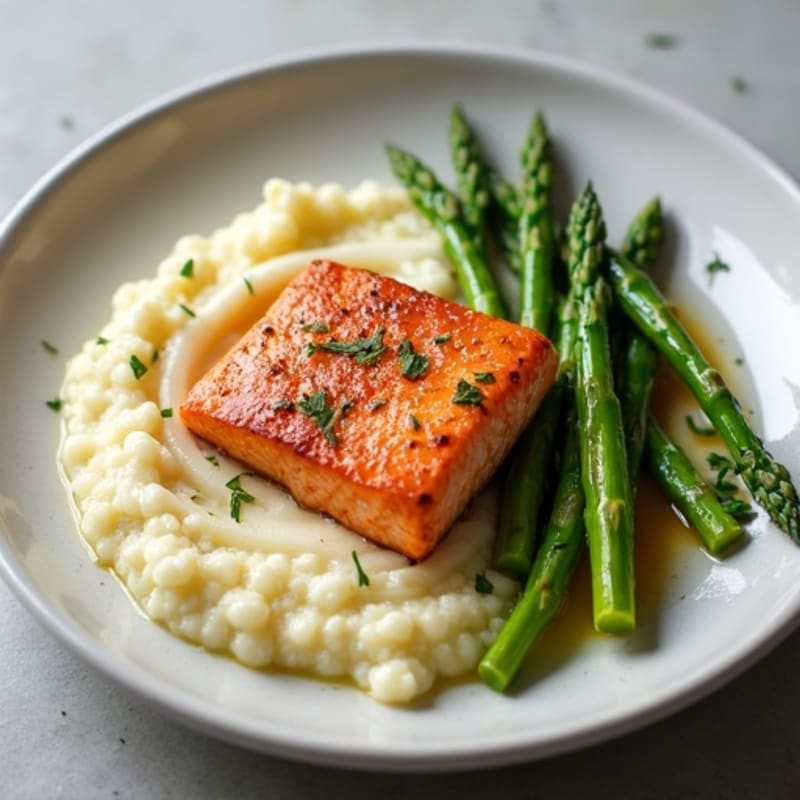 Seared Salmon Fillet with Steamed Asparagus and Cauliflower Mash