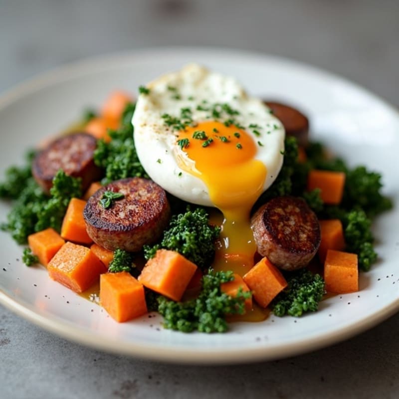Roasted Sweet Potato and Kale Hash with Poached Egg and Turkey Sausage