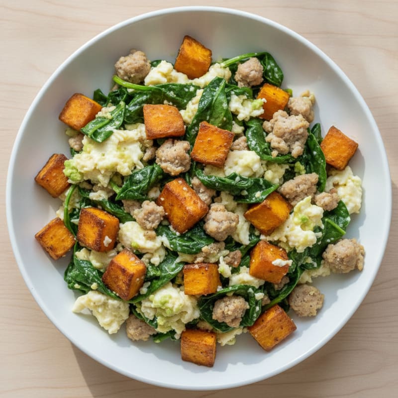 Egg White and Turkey Sausage Scramble with Spinach and Sweet Potato