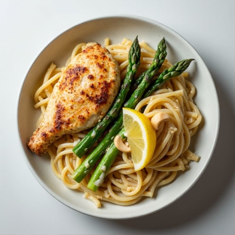 Creamy Cashew Whole Wheat Pasta with Roasted Chicken and Asparagus