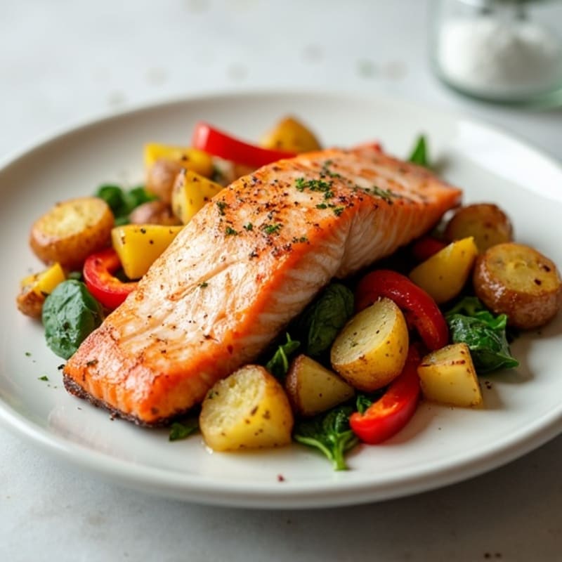 Crispy Potato and Vegetable Hash with Seared Salmon