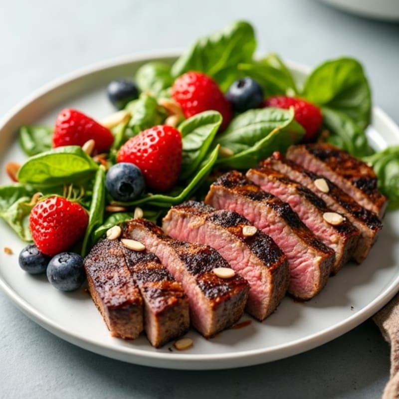 Grilled Beef Steak Salad with Crunchy Greens and Berries