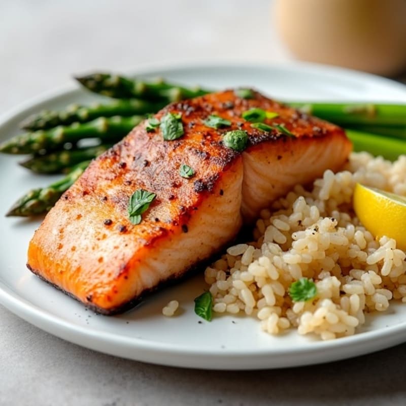 Seared Salmon with Steamed Asparagus and Brown Rice