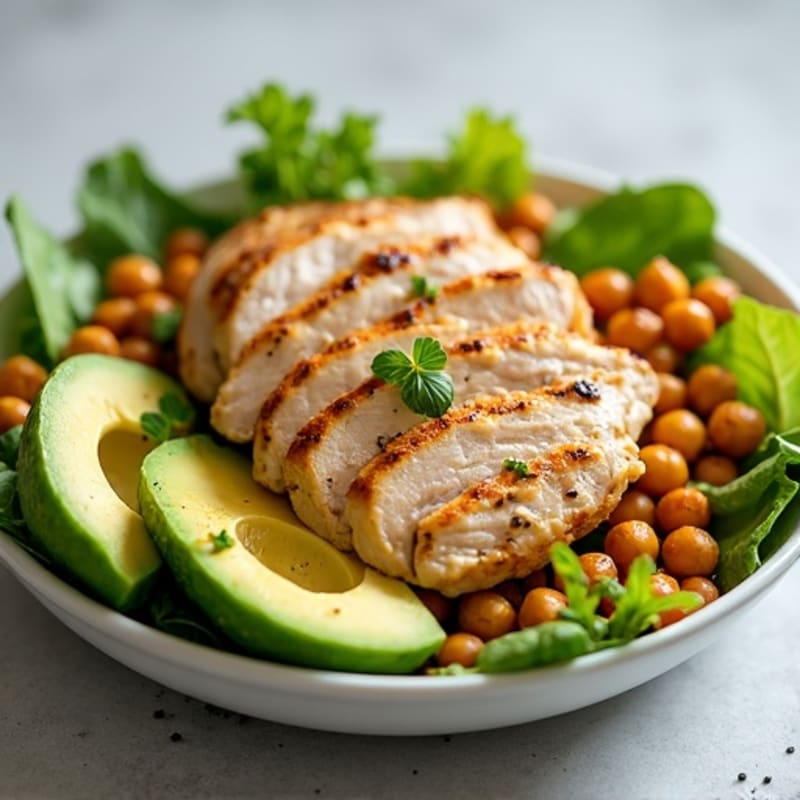 Grilled Chicken Breast Salad with Crunchy Chickpeas and Avocado